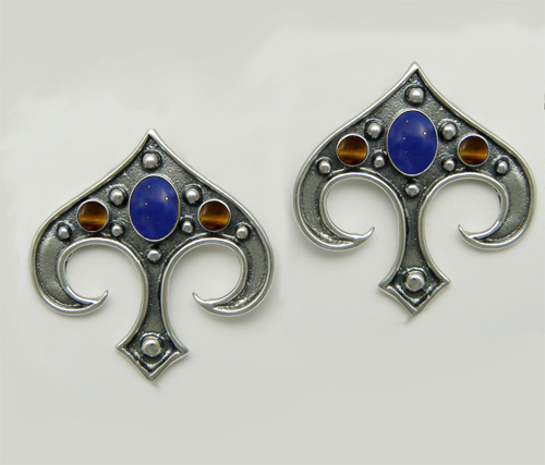Sterling Silver Gothic Inspired Drop Dangle Earrings With Lapis Lazuli And Tiger Eye